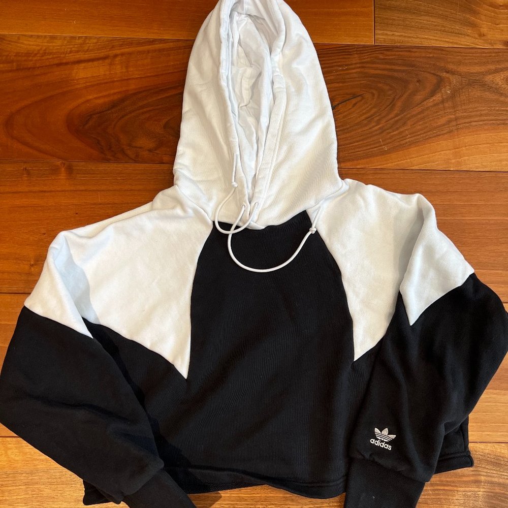ADIDAS Black and White Cropped Hoodie Sweatshirt